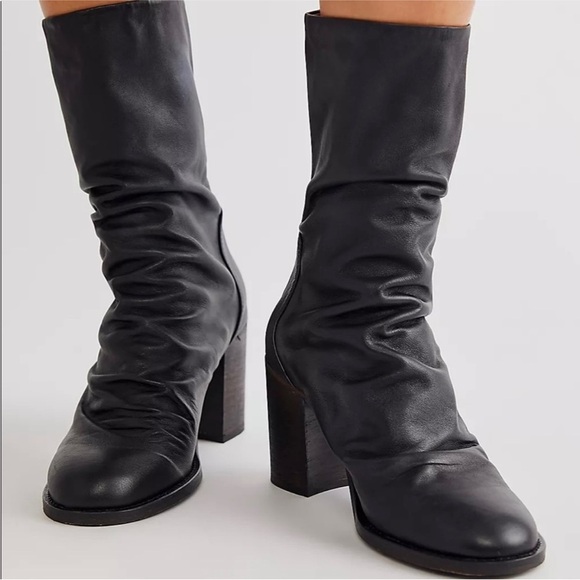 Free People Elle Block Heel Leather Boots Booties Black 39 US 9 - Picture 1 of 7